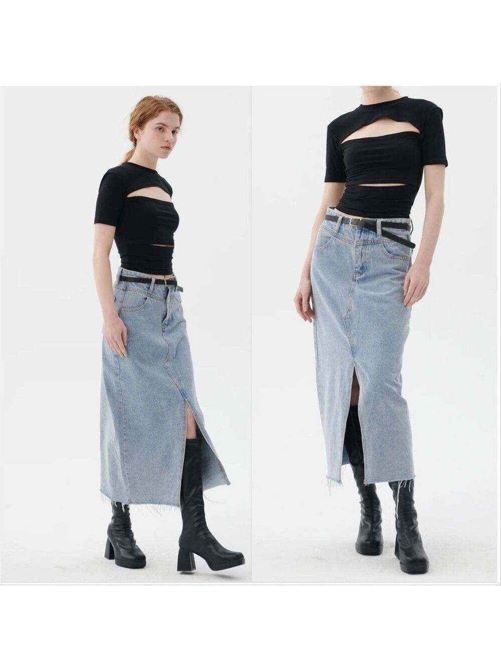 Storets Womens Peyton Denim Light Wash High Waist Maxi Skirt Small Front Slit